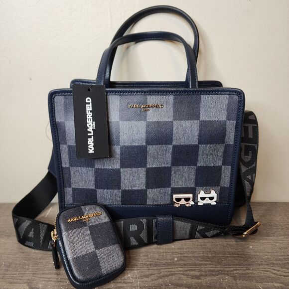 Karl Lagerfeld Paris Bag Maybelle Checkered Satchel Crossbody Pouch Karl Cat - Picture 13 of 13